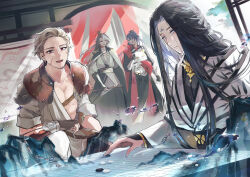  4boys :d abs architecture arm_at_side armor bamboo_print black_cape black_gloves black_hair black_robe black_sash black_shirt blind blue_eyes board_game bracelet breastplate bright_pupils cape chest_guard chinese_clothes chinese_commentary chuyi_flower_cake_(the_tale_of_food) collarbone colored_bangs curtained_hair curtains east_asian_architecture eye_contact facial_mark faulds feet_out_of_frame fingerless_gloves flute forehead_mark gloves go_(board_game) grey_cape grey_hair grey_robe hair_between_eyes half_updo hand_up hanfu harbin_fried_pork_(the_tale_of_food) highres holding holding_flute holding_instrument hydrokinesis indoors instrument jewelry kuroiroichigo long_hair long_sleeves looking_ahead looking_at_another male_focus map moon_gate mountain multiple_boys no_blindfold on_one_knee open_clothes open_robe pants parted_bangs parted_lips pebble_bread_(the_tale_of_food) pectoral_cleavage pectorals red_cape red_eyes robe sample_watermark sash scar scar_on_cheek scar_on_face shirt short_hair short_sleeves shoulder_guard sidelocks sitting slice_of_life smile sparse_stubble standing talking the_tale_of_food topknot two-sided_cape two-sided_fabric upper_body vambraces water water_drop watermark white_pants white_pupils white_robe wide_sleeves xiao_guan_(headdress) xifeng_wine_(the_tale_of_food) yellow_eyes 