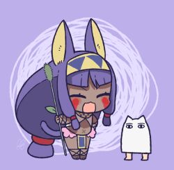  1girl 1other animal_ears cattail closed_eyes commentary_request dark-skinned_female dark_skin facial_mark fate/grand_order fate_(series) hairband holding jackal_ears long_hair low-tied_long_hair low-tied_sidelocks medjed_(fate) nael_van_darnus nitocris_(fate) open_mouth pelvic_curtain plant rkp v-shaped_eyebrows very_dark_skin very_long_hair x_navel 