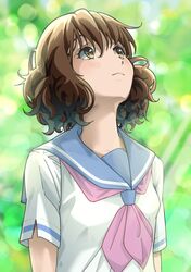  1girl :3 absurdres bangs blue_sailor_collar blurry blurry_background brown_eyes brown_hair closed_mouth collared_shirt hair_between_eyes hibike!_euphonium highres kitauji_high_school_uniform lens_flare long_hair looking_up matebashi neckerchief oumae_kumiko pink_neckerchief sailor_collar sailor_shirt school_uniform shirt solo sunlight upper_body white_shirt 