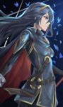  1girl bangs blue_butterfly blue_eyes blue_hair breasts bug butterfly cape fire_emblem fire_emblem_awakening from_side hair_between_eyes highres long_hair long_sleeves looking_away lucina_(fire_emblem) night night_sky outdoors profile shizukugu03 sky small_breasts solo star_(sky) tiara 