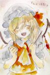  1girl ascot blonde_hair blush closed_mouth crystal flandre_scarlet hat hat_ribbon highres holding ikeda_ruriko mob_cap open_mouth painting_(medium) red_ribbon red_vest ribbon shirt short_sleeves smile solo teeth touhou traditional_media upper_body vest watercolor_(medium) white_headwear white_shirt wings yellow_ascot 