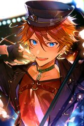  1boy akehoshi_subaru belt_collar black_collar black_gloves black_hair black_jacket blue_eyes chest_harness collar dongbackbyul ensemble_stars! fingerless_gloves gloves hand_up harness highres jacket light_rays looking_at_viewer official_alternate_costume orange_hair smile solo stage_lights sweatdrop teeth upper_teeth_only 