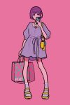  1girl bag covered_mouth dress full_body grey_dress grey_socks hair_ornament highres holding holding_bag jewelry necklace original pink_background purple_hair sandals shadow short_hair short_sleeves simple_background socks solo standing violet_eyes yellow_footwear yoshi_mi_yoshi 