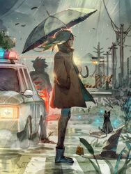  1girl artist_logo backlighting black_cat blonde_hair blue_boots book boom_barrier boots brown_coat bush car cat cattail closed_mouth clouds cloudy_sky coat commentary crime_scene crosswalk dated evidence_markers falling_leaves floating_hair foliage grass grey_sky half-closed_eyes hand_in_pocket hat headlight_beam high_collar highres holding holding_umbrella leaf leggings lens_flare logo long_hair loose_hair_strand motor_vehicle mountainous_horizon original outdoors people plant police_car power_lines profile puddle railroad_crossing railroad_signal rain road simz sky standing umbrella unworn_hat unworn_headwear utility_pole wind witch_hat 