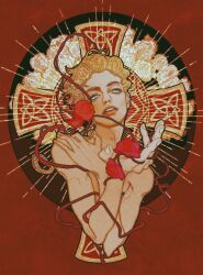 1boy absurdres blonde_hair blue_eyes cross crossed_arms curly_hair flower ginsky2000 giorno_giovanna highres jojo_no_kimyou_na_bouken open_mouth red_flower red_rose rose teeth upper_body vento_aureo 