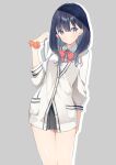  1girl bare_legs black_skirt blue_hair bow bowtie cardigan closed_mouth collared_shirt dark_blue_hair eka_eri feet_out_of_frame grey_background gridman_universe long_sleeves looking_at_viewer medium_hair orange_scrunchie outline red_bow red_bowtie scrunchie shirt simple_background single_earphone_removed skirt solo ssss.gridman takarada_rikka violet_eyes white_cardigan white_outline white_shirt wrist_scrunchie 