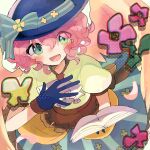  1girl 32rhodium62 angel angel_wings bangs blue_gloves blue_headwear blue_skirt blush book curly_hair feathers flower gloves green_eyes harpy_(puyopuyo) hat hat_flower highres holding holding_book looking_at_viewer official_alternate_costume open_mouth pink_hair puyopuyo puyopuyo_quest skirt smile solo white_background wings yellow_wings 