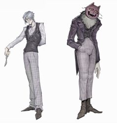  2boys arm_at_side arm_behind_back black_vest boots brown_boots brown_shoes cat_mask commentary daan_(fear_&amp;_hunger) eyepatch fear_&amp;_hunger_(series) fear_&amp;_hunger_2:_termina full_body fur_trim grey_hair grey_pants hand_in_pocket highres holding_scalpel jacket long_sleeves looking_at_viewer mask medical_eyepatch multiple_boys neck_ribbon open_clothes open_jacket open_mouth pants pirodefka plaid_clothes plaid_pants pocketcat_(fear_&amp;_hunger) purple_jacket purple_mask ribbon scalpel sharp_teeth shirt shoes short_hair simple_background smile teeth vest whiskers white_background white_ribbon white_shirt 