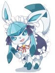  aqua_eyes artist_name black_ribbon capelet clothed_pokemon fang frilled_capelet frills glaceon hand_up kana_(maple926) maid_headdress no_humans open_mouth pokemon pokemon_(creature) red_ribbon ribbon skin_fang smile twitter_username white_background white_ribbon wing_collar 