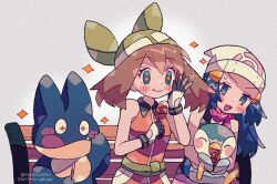  2girls bandana beanie bench black_hair blue_eyes blue_hair blush breasts brown_hair closed_mouth fanny_pack gloves green_bandana hair_ornament hairclip hat hikari_(pokemon) holding long_hair may_(pokemon) mgomurainu multiple_girls munchlax on_bench open_mouth orange_shirt piplup poke_ball_print poke_ball_symbol pokemon pokemon_(anime) pokemon_(creature) pokemon_dppt pokemon_dppt_(anime) pokemon_emerald pokemon_rse pokemon_rse_(anime) red_scarf scarf shirt short_hair sitting sleeveless smile upper_body white_hat 