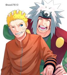  2boys artist_name blonde_hair facial_mark flak_jacket forehead_protector highres hokage jacket jiraiya_(naruto) male_focus multiple_boys naruto naruto_(series) signature smile sssiii76102 teacher_and_student twitter_username uzumaki_naruto white_hair 