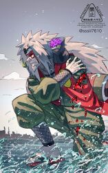  1boy arm_cutout artist_name battle_damage copyright_request facial_mark fighting_stance highres jiraiya_(naruto) long_hair male_focus naruto_(series) naruto_shippuuden sennin_mode signature sssiii7610 turtle twitter_username water watermark 