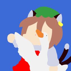  1girl animal_ears bird bkub_(style) blue_background brown_hair cat_ears cat_tail chen chibi crossover dress faceless faceless_female goose goose_(untitled_goose_game) green_hat hat long_sleeves malev minimalism mob_cap multiple_tails red_dress short_hair simple_background solo tail touhou two_tails untitled_goose_game 