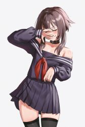  1girl arms_up bare_shoulders black_choker black_serafuku black_skirt black_thighhighs blush breasts brown_hair choker closed_eyes commentary english_commentary flat_chest grey_background highres kono_subarashii_sekai_ni_shukufuku_wo! megumin one_eye_covered pleated_skirt school_uniform serafuku short_hair_with_long_locks sidelocks simple_background skirt small_breasts solo thigh-highs thighs waligner zettai_ryouiki 