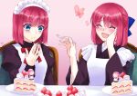  2girls apron bangs blue_bow blue_eyes blush bow brown_dress brown_kimono cake cake_slice chair closed_eyes closed_mouth commentary_request dress food food_on_face fork fruit hair_between_eyes hair_bow half_updo heart hisui_(tsukihime) holding holding_fork japanese_clothes juliet_sleeves kimono kohaku_(tsukihime) lo_lis long_sleeves maid maid_apron maid_headdress multiple_girls neck_ribbon open_mouth plate puffy_sleeves red_ribbon redhead ribbon short_hair siblings signature sisters sitting smile strawberry table tsukihime twins wa_maid white_apron wide_sleeves 