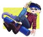  1boy :d arm_up artist_name baseball_cap big_swig_roller_(splatoon) black_headwear blue_eyes blue_hair blue_pants blue_tongue blush boots brown_footwear buttons capri_pants colored_tongue commentary_request copyright_name dated earrings green_background hat highres inkling inkling_boy jacker jacket jewelry long_sleeves looking_at_viewer male_focus mikoshiba_m open_mouth paint_roller pants plaid plaid_jacket pocket pointy_ears red_jacket short_hair simple_background single_earring smile solo splatoon_(series) splatoon_3 teeth tentacle_hair twitter_username upper_teeth_only white_background 