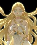  1girl bangs bare_arms bare_shoulders belt black_background blonde_hair blue_belt breasts commentary_request green_eyes highres i_tera715 large_breasts long_hair official_alternate_costume parted_hair pointy_ears princess_zelda simple_background solo the_legend_of_zelda the_legend_of_zelda:_breath_of_the_wild triforce upper_body 