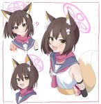  1girl :d ? animal_ear_fluff animal_ears blue_archive blue_sailor_collar blush brown_hair closed_mouth fang fox_ears fox_girl fox_hair_ornament fox_tail halo head_tilt highres izuna_(blue_archive) karon_(karon_cha) looking_at_viewer multiple_views neckerchief orange_tail pink_neckerchief pink_scarf sailor_collar scarf short_hair simple_background skin_fang sleeveless smile tail white_background yellow_eyes 