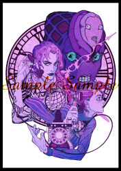  1other 2boys absurdres antique_phone arm_tattoo diavolo english_text epitaph_(jojo) fishnet_top fishnets ginsky2000 green_eyes highres holding holding_phone jojo_no_kimyou_na_bouken king_crimson_(stand) long_hair long_sleeves multiple_boys phone pink_hair pink_nails polka_dot polka_dot_hair purple_lips purple_sweater purple_theme stand_(jojo) sweater tattoo teeth vento_aureo vinegar_doppio violet_eyes white_background 