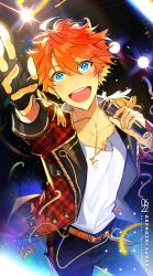  1boy akehoshi_subaru black_gloves blue_eyes character_name dongbackbyul ensemble_stars! fingerless_gloves flying_sweatdrops gloves highres holding holding_microphone idol jacket jewelry light_particles looking_at_viewer microphone necklace official_alternate_costume open_mouth orange_hair outstretched_arm red_jacket smile solo stage_lights star_(symbol) star_necklace sweatdrop teeth upper_teeth_only 
