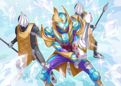  3boys absurdres armor blue_armor blue_helmet cape compound_eyes food gavvwhipir gloves helmet henshin_belt_gavv highres holding holding_sword holding_weapon ice ice_cream ice_cream_cone kamen_rider kamen_rider_gavv kamen_rider_gavv_(blizzardsorbet_form) kamen_rider_gavv_(series) male_focus multiple_boys otokamu polearm purple_armor rider_belt spear sword tabard weapon whipped_soldier white_tabard 