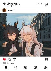  2boys :d ^_^ absurdres arknights arm_around_shoulder averting_eyes black_hair character_name chinese_commentary closed_eyes closed_mouth commentary_request crossed_arms day ebenholz_(arknights) epaulettes fake_screenshot hair_between_eyes hand_on_another&#039;s_shoulder heart highres horns instagram kreide_(arknights) long_hair male_focus multiple_boys open_mouth outdoors smile sparklings_(1234_hen_hao_chi) typo upper_body user_interface v violet_eyes white_hair 
