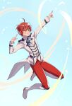  1boy absurdres ahoge arsloid ascot bandage_on_face bandages behind-the-head_headphones collared_shirt full_body headphones highres jumping lapels long_coat male_focus nifffi one_eye_closed pants pointing red_eyes red_pants redhead shirt smile solo vocaloid white_footwear 