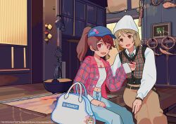  2girls 87saurus absurdres bag baseball_cap beanie brown_eyes brown_hair cardigan_vest hat highres idolmaster idolmaster_cinderella_girls indoors long_hair looking_at_viewer mimura_kanako multiple_girls navel official_art open_clothes open_mouth open_shirt pants ponytail real_world_location red_eyes shiina_noriko short_hair sitting smile 