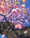  blue_sky blush_stickers branch cherry_blossoms colored_skin day falling_petals flower highres kirby kirby_(series) miclot no_humans open_mouth outdoors petals pink_flower pink_skin shadow sky 