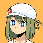  1girl bangs blue_eyes cabbie_hat closed_mouth collarbone eyes_visible_through_hair green_hair hair_between_eyes hat muu_(mumumer) orange_background original ponytail portrait simple_background solo white_headwear yunomiya_agari 