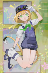  1girl adjusting_clothes adjusting_headwear artist_name ascot bandaid bandaid_on_leg blonde_hair blue_hat blue_overalls blue_shoes dooby_(vtuber) gloves goggles goggles_on_headwear green_ascot green_eyes hat highres indie_virtual_youtuber jerboa_tail jumping klaeia looking_at_viewer loose_socks multicolored_hair open_mouth overalls pinstripe_overalls shirt shoes short_eyebrows short_hair short_sleeves smile socks solo star_(symbol) streaked_hair tail_tuft teeth unworn_eyewear upper_teeth_only vertical-striped_overalls virtual_youtuber white_gloves white_shirt white_socks 