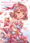  1girl back_bow bangs bow dress earrings flower gloves hair_bow hair_flower hair_ornament happy_birthday huge_bow izumi_kirifu jewelry lace lace_gloves love_live! love_live!_nijigasaki_high_school_idol_club medium_hair open_mouth pink_dress pink_hair smile solo swept_bangs uehara_ayumu wavy_hair white_gloves yellow_eyes 