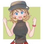  1girl :d bangs blonde_hair blue_eyes blush border bracelet breasts commentary_request earrings eyelashes green_background grey_headwear hands_up hat jewelry looking_at_viewer marutoko45 medium_hair open_mouth pokemon pokemon_(anime) pokemon_journeys red_skirt serena_(pokemon) skirt smile solo sweater_vest teeth tongue upper_teeth_only w_arms white_border 