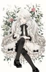  1girl absurdres back bizet blue_eyes bow braid cage closed_mouth commentary_request cup dress gothic gothic_lolita highres holding holding_cup lolita_fashion long_hair low_twintails original sitting solo teacup twintails very_long_hair wavy_hair white_dress white_hair 