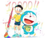  1boy :d art_brush artist_name black_eyes black_hair blue_footwear blue_shorts blush bright_pupils bucket closed_mouth collar collared_shirt commentary_request doraemon doraemon_(character) full_body glasses looking_at_another male_focus masser0209 milestone_celebration nobi_nobita open_mouth paint paint_on_body paint_on_clothes paint_splatter paint_splatter_on_face paintbrush red_collar shirt shoes short_hair short_sleeves shorts sideways_glance signature simple_background smile socks standing whiskers white_background white_pupils white_socks yellow_shirt 