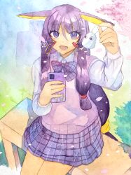  1girl animal_ears cellphone collared_shirt commentary_request creature facial_mark fake_animal_ears fate/grand_order fate_(series) highres holding holding_phone jackal_ears long_sleeves medjed_(fate) nitocris_(fate) open_mouth phone plaid_clothes plaid_skirt pleated_skirt purple_hair purple_skirt purple_vest rabaa school_uniform shirt skirt solo vest violet_eyes white_shirt 