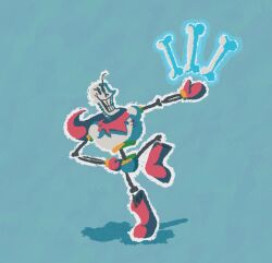  1boy 2024 2d aqua_background armor blue_shorts bone boots cape digital_media felisgalactus floating_object full_body gloves hand_on_hip highres humanoid leg_up male male_only monster monster_boy outstretched_arm papyrus_(undertale) red_boots red_cape red_gloves shorts simple_background skeleton solo standing_on_one_leg teeth undead undertale white_armor 