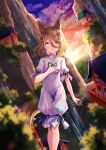  1girl :d absurdres architecture backlighting blurry blurry_background building clouds cloudy_sky depth_of_field east_asian_architecture hair_between_eyes highres holding holding_test_tube kudamaki_tsukasa looking_at_viewer medium_hair mountain nettian51 open_mouth outdoors sky smile sunset test_tube torii touhou tree yellow_eyes 