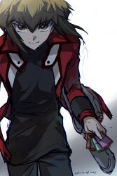  1boy black_pants black_shirt brown_eyes brown_hair card collared_jacket duel_academy_uniform_(yu-gi-oh!_gx) duel_disk holding holding_card jacket mini_(pixiv6327751) pants playing_card red_jacket shirt smile yu-gi-oh! yu-gi-oh!_gx yuki_judai 