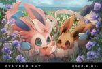  :d character_name commentary_request dated day eevee fang flower grass green_eyes lying momomo12 no_humans open_mouth outdoors pokemon pokemon_(creature) purple_flower signature smile sylveon 