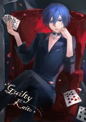 1boy absurdres arm_up belt_collar black_collar black_pants black_shirt blue_eyes blue_hair card chains39550 chair chinese_commentary collar collarbone commentary_request crossed_legs double-parted_bangs elbow_rest falling_petals feet_out_of_frame guilty_(module) hair_between_eyes head_rest highres holding holding_card kaito kaito_(vocaloid) lapels male_focus official_alternate_costume on_chair open_collar pants parted_lips petals playing_card project_diva_(series) shirt short_hair sitting solo vocaloid