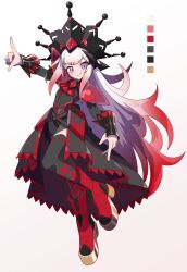  1girl black_dress black_thighhighs blush boots checkered_thighhighs closed_mouth crown dress duel_monster highres long_hair long_sleeves maliss_&lt;q&gt;_red_ransom pink_eyes pink_hair red_boots sharuto_ryuz simple_background smile solo thigh-highs very_long_hair white_background yu-gi-oh! 