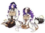  1boy 1girl armor ascot bandaged_head bandages black_hair cat claws closed_mouth ewiyar_(granblue_fantasy) gradient_hair granblue_fantasy greaves horns kneeling labcoat long_hair multicolored_hair orologia_(female) orologia_(male) purple_hair rimuro sign simple_background very_long_hair white_background 