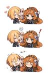  ! 2girls black_vest blonde_hair blush brown_eyes brown_hairband chibi closed_eyes closed_mouth collared_shirt commentary_request don_quixote_(limbus_company) freckles grey_jacket hair_ribbon hairband heart highres ishmael_(limbus_company) jacket licking limbus_company long_hair long_sleeves mu46016419 multiple_girls necktie open_clothes open_jacket open_mouth orange_hair project_moon red_necktie ribbon shirt short_hair smile sweat tentacle_hair translation_request vest white_ribbon white_shirt 