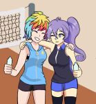 2girls crush_crush female_only purple_hair rainbow_hair volleyball_net water_bottle