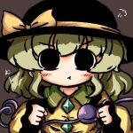  1girl angry bangs black_eyes black_headwear blouse blush bow brown_background buttons clenched_hands closed_mouth diamond_button eyeball frilled_shirt_collar frilled_sleeves frills hands_up hat hat_bow hat_ribbon heripantomorrow komeiji_koishi light_green_hair long_sleeves looking_at_viewer medium_hair pout ribbon shirt sidelocks simple_background solo third_eye touhou upper_body v-shaped_eyebrows wavy_hair wide_sleeves yellow_bow yellow_ribbon yellow_shirt 