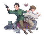  1boy 1girl aged_down animification belt blonde_hair boots brother_and_sister brown_hair coffebits female_child highres holding holding_weapon luke_skywalker male_child obi-wan_kenobi_(disney+) princess_leia_organa_solo robot siblings smile star_wars weapon white_background 
