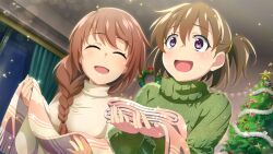  2girls :d ^_^ akasaka_miyuki akasaka_yukie braid brown_hair christmas christmas_ornaments christmas_tree closed_eyes curtains dutch_angle game_cg green_sweater happy highres higurashi_no_naku_koro_ni higurashi_no_naku_koro_ni_mei holding holding_scarf holding_unworn_clothes indoors long_sleeves looking_ahead looking_at_another mother_and_daughter multiple_girls non-web_source official_art one_side_up open_mouth scarf short_hair smile sweater turtleneck turtleneck_sweater unworn_scarf upper_body violet_eyes white_sweater 