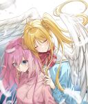  2girls ahoge angel angel_wings bangs blonde_hair blue_background blue_eyes blue_jacket blurry blush bocchi_the_rock! bow closed_eyes closed_mouth commentary depth_of_field eyelashes falling_feathers feathered_wings feathers gotou_hitori gradient_background hair_between_eyes hair_spread_out hands_on_another&#039;s_shoulders head_down heads_together highres hug hug_from_behind ijichi_nijika jacket kanaria_hisagi long_hair long_sleeves multiple_girls parted_lips pink_hair pink_jacket red_bow sailor_collar school_uniform side_ponytail sidelocks simple_background surprised upper_body very_long_hair white_background white_feathers white_sailor_collar white_wings wings 