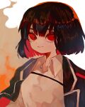 black_coat black_hair breasts closed_mouth coat coat_on_shoulders collared_shirt commentary_request fire highres limbus_company long_sleeves mochigome_138 project_moon red_eyes ryoshu_(limbus_company) shirt short_hair small_breasts smile upper_body white_shirt 